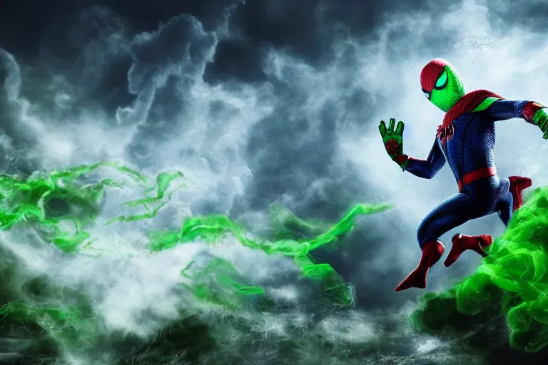 Prompt: Mysterio fighting Spider-Man in a cloud of green smoke, trending on Artstation, HD wallpaper, 4k, photorealistic, digital art,