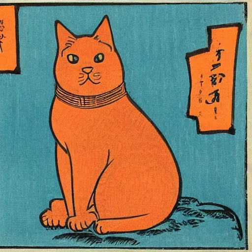 Image similar to a painting of an orange cat staring profoundly towards the viewer, a woodcut by katsushika hokusai, pixabay contest winner, ukiyo - e, ukiyo - e, cyanotype, woodcut