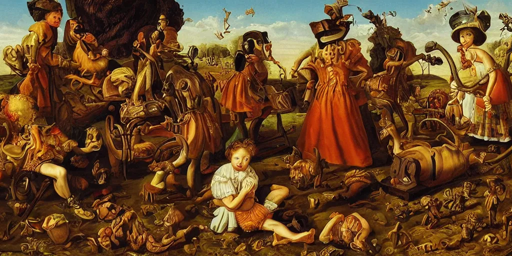 Prompt: refined dutch golden age photo pop surreal disturbing masterpiece in the style of robert williams,