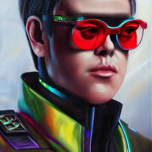 Prompt: cyberpunk x Elton John fashion, gucci catwalk, oil painting, digital art, ultradetailed, artstation