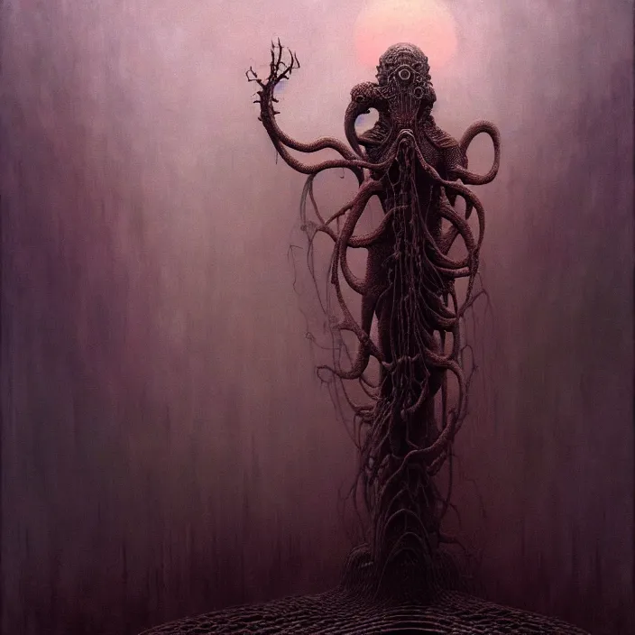 Image similar to art by Zdzislaw Beksinski detailed painting of the biomechanical elder god, intricate matte painting background, elegant horror artwork, haunting, luxurious, ominous, 4k, cinematic, by Yoshitaka Amano, horizontally symmetrical, by Wayne Barlowe, trending on Artstation