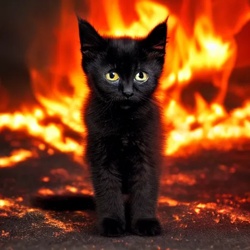 Image similar to extreme long shot of a cute black kitten engulfed in fire, burning, standing in fire, at night, award winning photo, high detail, atmospheric 8k