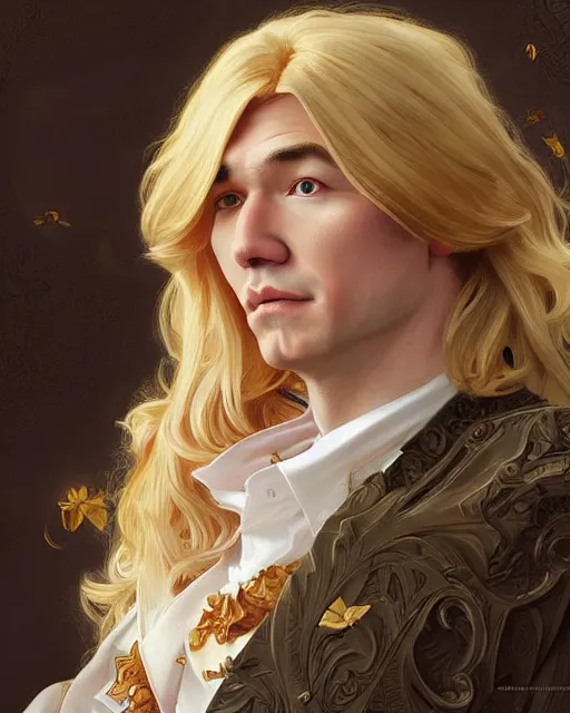 Image similar to Portrait of a  blonde lady and Michael mcintyre with Dogtanian, intricate, elegant, highly detailed, artstation, concept art, smooth, sharp focus, art by artgerm and greg rutkowski and alphonse mucha