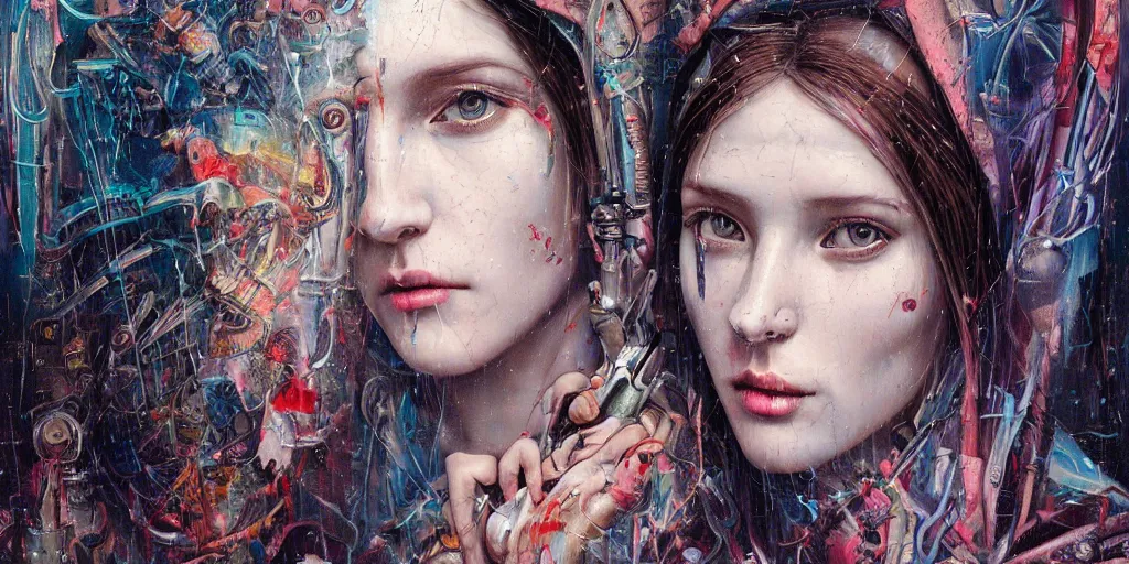 Prompt: portrait of Virgin Mary,8k,by tristan eaton,Stanley Artgermm,Tom Bagshaw,Greg Rutkowski,Carne Griffiths, Ayami Kojima, Beksinski, Giger,trending on DeviantArt,face enhance,hyper detailed,minimalist,cybernetic, android, blade runner,full of colour, super detailed