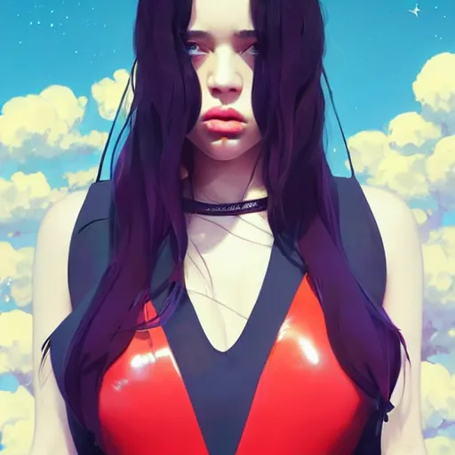 Image similar to a beautiful billie eilish kat dennings alluring instagram model in elaborate latex tank top, by guweiz and wlop and ilya kuvshinov and artgerm and makoto shinkai and studio ghibli, symmetrical eyes, aesthetic, gorgeous, stunning, alluring, attractive, artstation, deviantart, pinterest, digital art