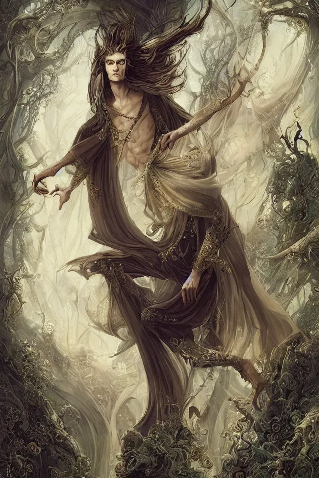 Image similar to thin male royal magician in fantasy long embroidered clothes, voluminous sleeves, long wavy dark hair, pale skin, 19th century fantasy, ethereal, graceful, elegant, highly detailed, intricate, dramatic lighting, art by Peter Mohrbacher, Ivan Bilibin