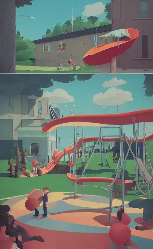 Prompt: children playground, fun whimsical surreal illustration, by atey ghailan and escher and edward hopper