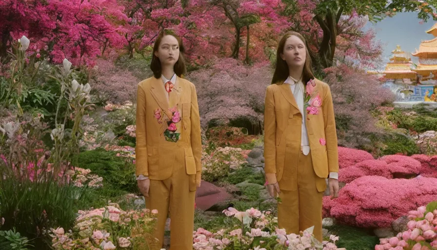 Prompt: , movie still by wes anderson of a beautiful girl wearing gucci exploring a magical japanese garden of flowers, glowing temple in the distance, floating deity heads, magic details, cinestill 8 0 0 t eastmancolor technicolor, high quality, very detailed, heavy grain, fine facial features, 8 k, octane render