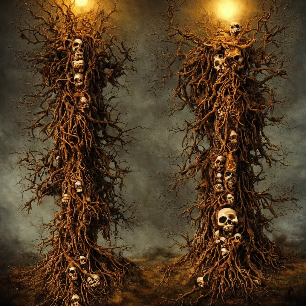 Prompt: 'Life from death' A detailed aesthetic horror painting depicting ' a lone tree made of skulls and bones with dead trees around it' by giuseppe arcimboldo and Rembrandt, Trending on cgsociety artstation, 8k, background blur, focus. photography. masterpiece, cinematic lighting, vibrant colors.