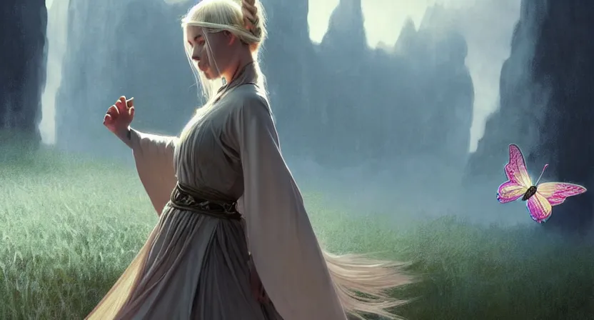 Prompt: tiny mage running away from metal butterfly, blonde hair - braided wearing ivory gothic robe, cave town, movie action still frame, ultra wide horizon, intricate, elegant, highly detailed, hyperrealism, digital painting, concept art, smooth, sharp, focus, illustration, art by artgerm, greg rutkowski, ilya kuvshinov, alphonse mucha