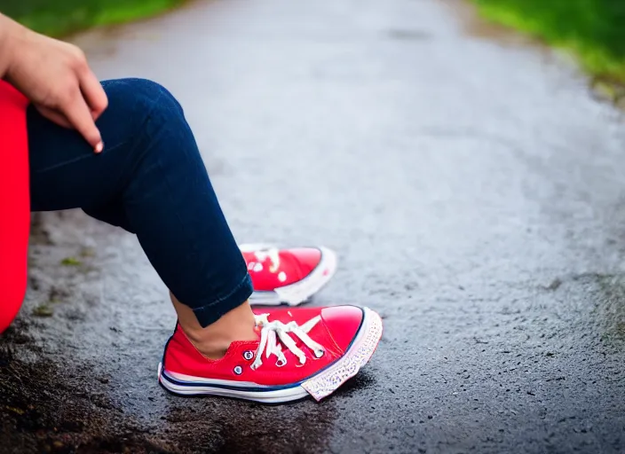 Image similar to side view of the legs of a woman hook sitting on the ground on a curb, very short pants, wearing red converse shoes, wet aslphalt road after rain, blurry background, sigma 8 5 mm