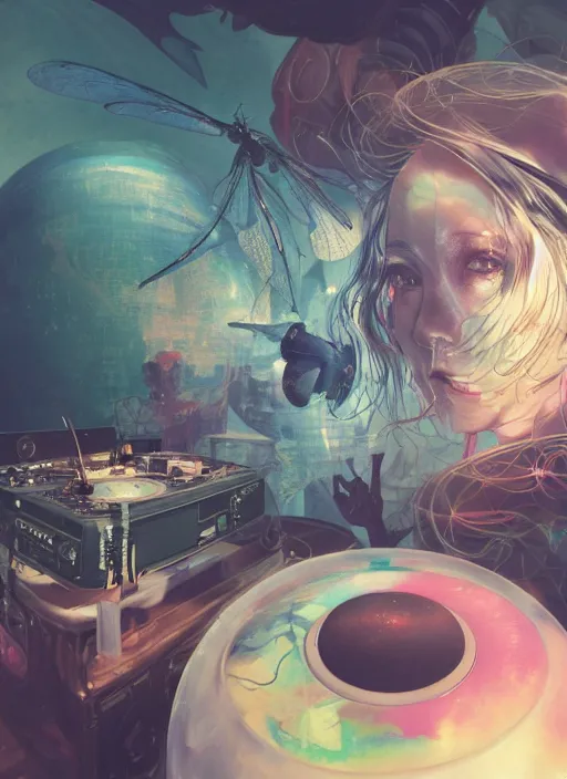 Image similar to surreal gouache painting, by yoshitaka amano, by ruan jia, by Conrad roset, by good smile company, detailed anime 3d render of transparent resin egg with a magical dragonfly inside. Surrounded by a big DJ Mixer, deck, portrait, cgsociety, artstation, rococo mechanical and Digital and electronic, dieselpunk atmosphere