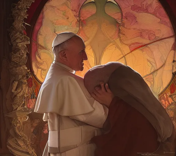Image similar to photography of a pope kissing the breast of a sensual woman, deep focus, intricate, elegant, highly detailed, digital painting, artstation, concept art, matte, sharp focus, illustration, art by artgerm and greg rutkowski and alphonse mucha