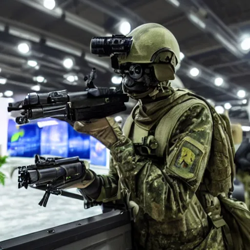 Image similar to a rare military frog equipped with rocket launcher and night vision target acquisition system, photo from defense innovation expo 2 0 2 2