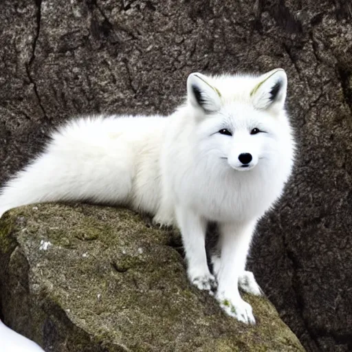 Image similar to well fluffy white fox on rock, forest, snowy, photo