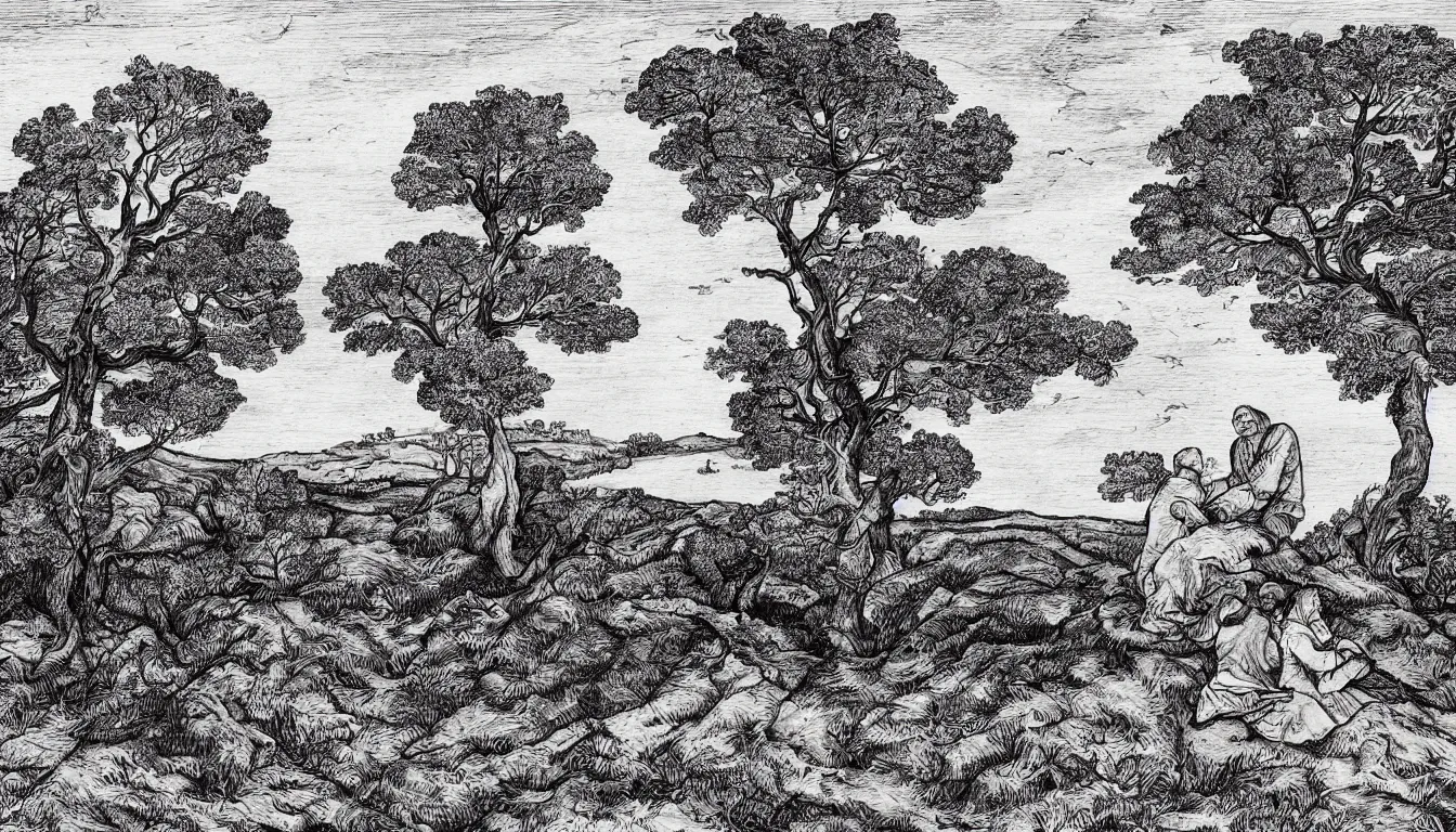 Image similar to a couple sits on a hill overlooking a river, wind blown trees, pen and ink, 1 5 0 0 s, 8 k resolution