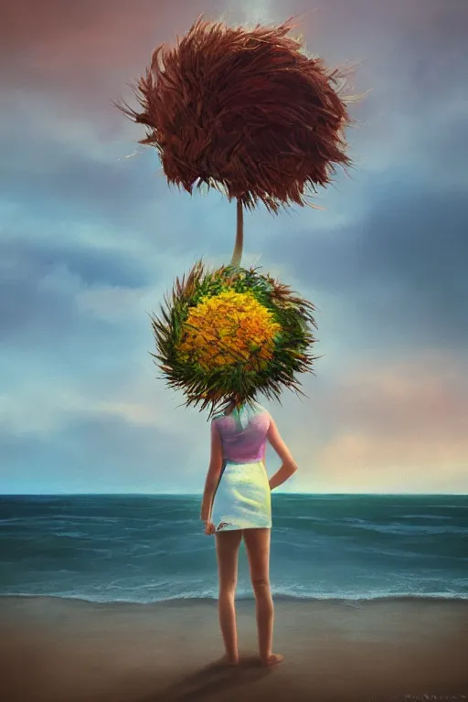 Image similar to closeup, giant flower head, a girl on beach, surreal photography, wind and cold, dramatic sky, impressionist painting, digital painting, artstation, simon stalenhag