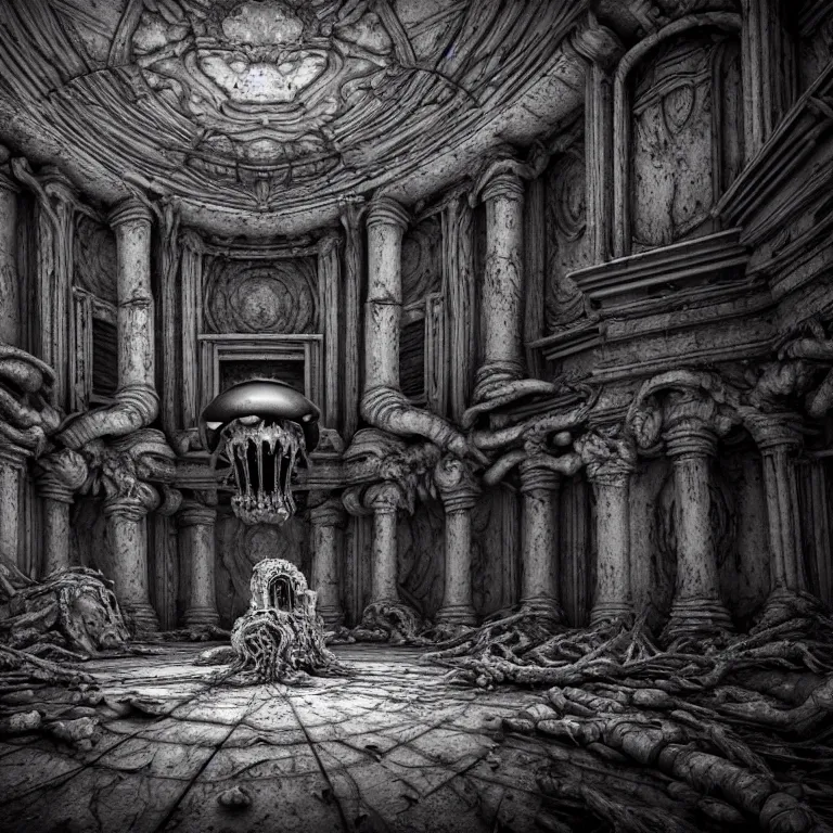 Prompt: ribbed surreal abandoned symmetrical alien baroque temple on exoplanet, in a desolate empty wasteland, creepy, nightmare, dream-like heavy atmosphere, surreal abandoned buildings, beautiful detailed intricate insanely detailed octane render trending on Artstation, 8K artistic photography, photorealistic, chiaroscuro, Raphael, Caravaggio, Beksinski, Giger