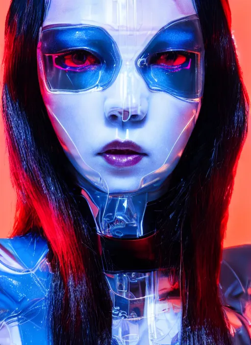 Prompt: a close-up risograph long shot of cyberpunk japanese model girl with black eyes and visible face wearing latex catsuit and lots of transparent and cellophane accessories, blue hour, twilight, cool, portrait, soft red lights, Kodachrome, ISO1200,