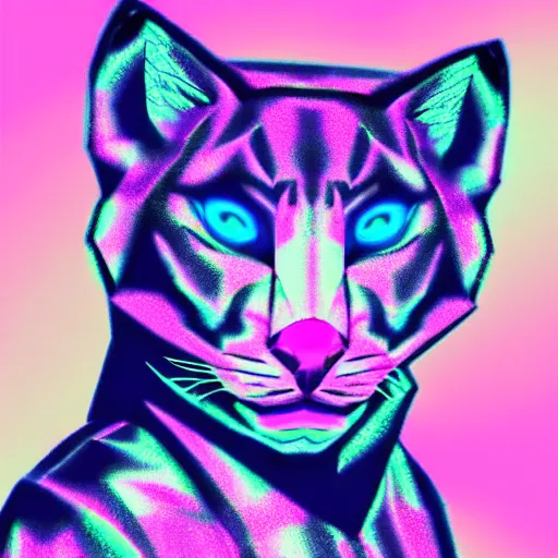 Image similar to aesthetic albino panther fursona portrait, commission of a anthropomorphic kitten, fursona wearing stylish clothes, holographic winter armosphere, pastel simple art, low poly