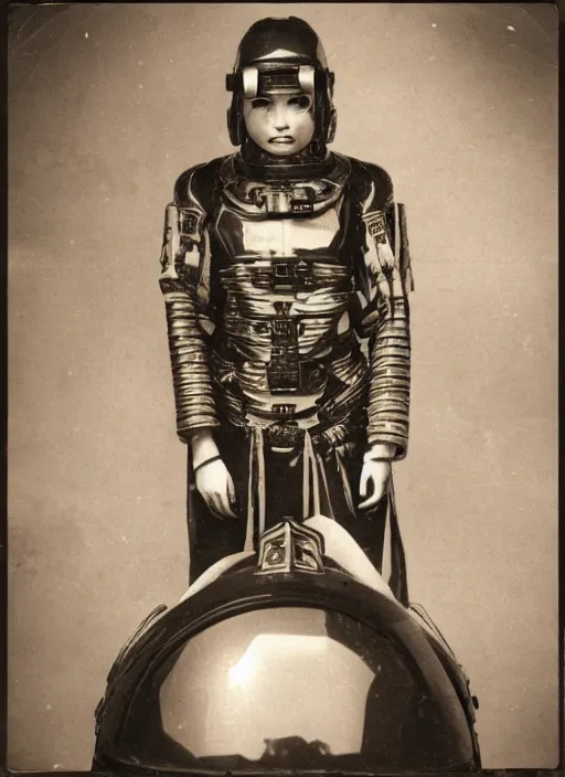 Prompt: old vintage photo of powerful Chinese ancient sentiel standing in the ancient temple during ritual big space suit helmet in front of her on the table, symmetrical face, big eyes and lips, looking at camera, subtle makeup, clean face and body skin,ecstatic expression,volumetric lights,depth of field, lens flares, dust in the air, moody lighting, intricate, elegant, highly detailed, centered, smooth, sharp focus, Donato Giancola, Joseph Christian Leyendecker, WLOP, Boris Vallejo, Artgerm moody photography, old photo, black and white, sepia, cinematic lighting, cinematic angle, national geographic