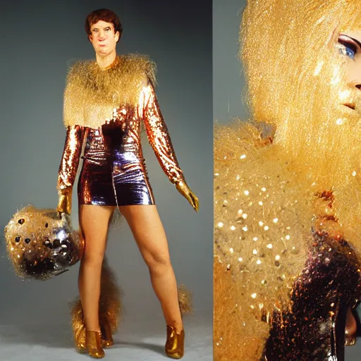 Image similar to portrait davis taylor brown dressed in 1 9 8 1 space fantasy fashion, shiny metal