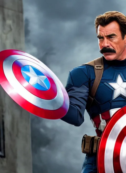 Image similar to film still of tom selleck as captain america in avengers endgame, 4 k