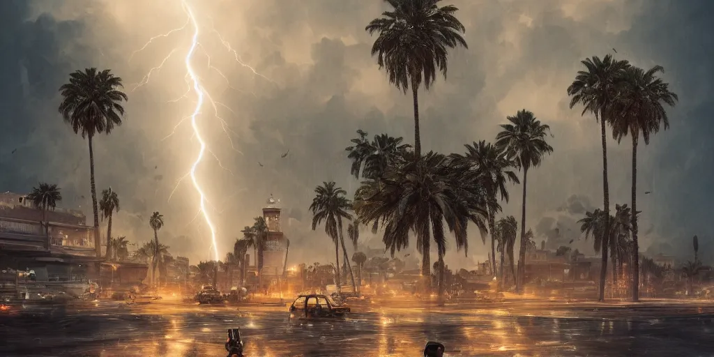 Image similar to thunderstorm in marrakech, palm trees, lightning, tsunami, flying vehicles, moroccan mosque, wlop, james jean, tom bagshaw, rococo, trending on artstation, fantasy, intricate, elegant, highly detailed, digital painting, concept art, smooth, illustration, cinematic lighting, hyper realism, octane render, 8 k, hyper detailed.