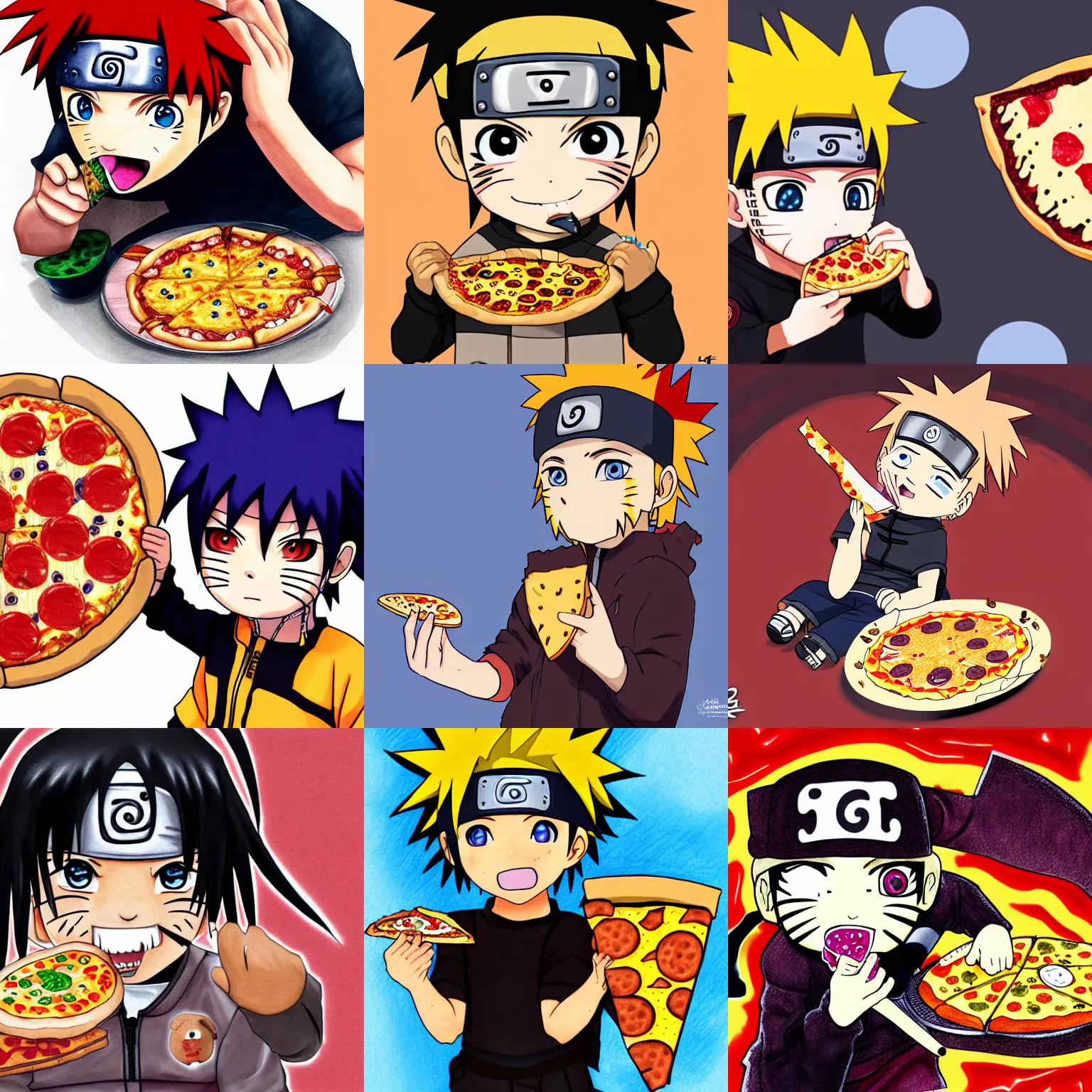 Prompt: Chibi Naruto biting into a pizza, digital art, hyper detailed, high definition, 4k, HDR, pencil drawing