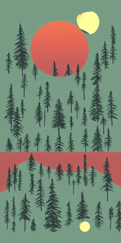 Prompt: shirt design, vector style, two groups of pines, big red sun, fresh modern look, made with photoshop,