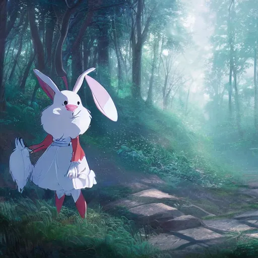 Image similar to concept art painting of an anthropomorphic white rabbit wearing a turquoise dress, in the deep forest, realistic, detailed, cel shaded, in the style of makoto shinkai and greg rutkowski and james gurney