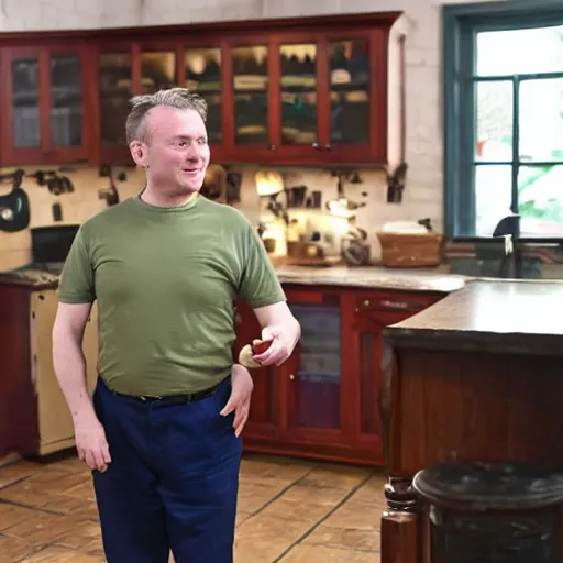 Prompt: an irish middle aged gentleman with brown moptop hair and red cheeks is doing the chicken dance in his kitchen. he is clean shaven. he is wearing a dark blue tshirt and khaki shorts. he holds his arms out like they are chicken wings and dances animatedly. he has no beard or moustache.