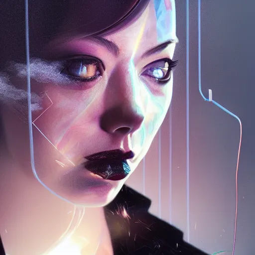 Prompt: Emma Stone as a human robot, cyberpunk, surrounded by smoke, award-winning art, hyperrealistic, by Sam Spratt, by Vlad Rodrig﻿u﻿e﻿z, trending on Artstation, dark, dramatic, cinematic, realistic studio lighting, raytracing, 4k, professional, canon