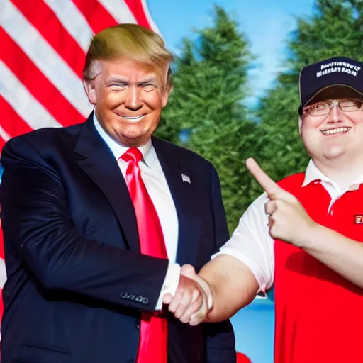 Image similar to professional photograph of Donald Trump and Peter Griffin shaking hands at a press conference, 8k, highly detailed, highly intricate,