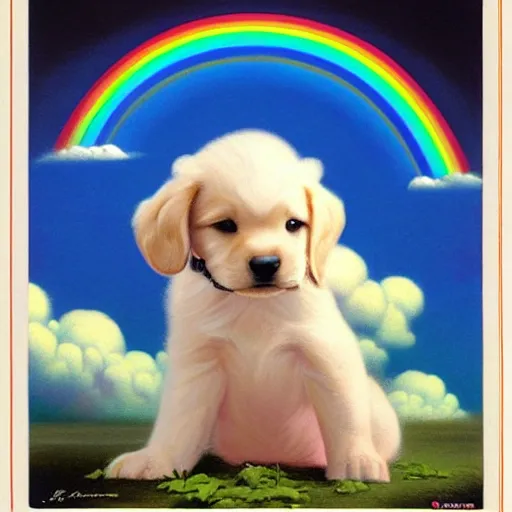 Image similar to a puppy sitting in front of a rainbow that extends to the clouds in heaven, digital art by Gil Elvgren