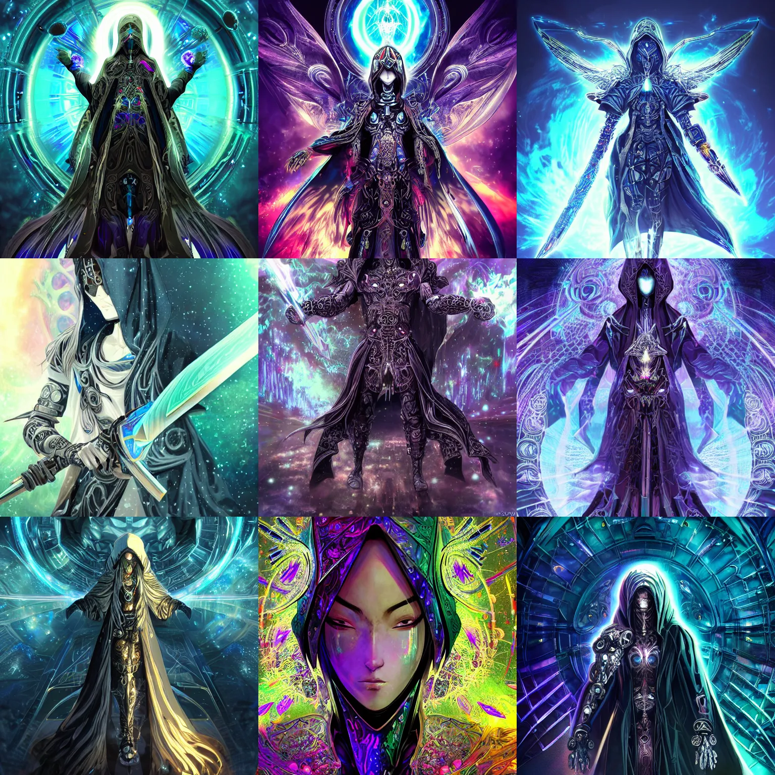 Prompt: Cloaked hooded complex cybernetic omnipotent being with a biological human face, anime CGI style, dark, intricate and ornate, intricate technological ominous warrior, anime in the style of Makoto Shinkai, animated, rich colour and detail, brandishing iridescent legendary cosmic sword, iridescent opalescent pearlescent holographic megastructure background