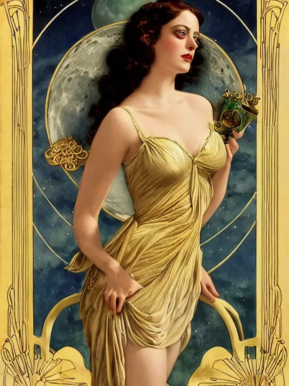 Prompt: kaya scodelario as the magic Greek goddess Circe, a beautiful art nouveau portrait by Gil elvgren, moonlit Mediterranean environment, centered composition, defined features, golden ratio, intricate gold jewlery