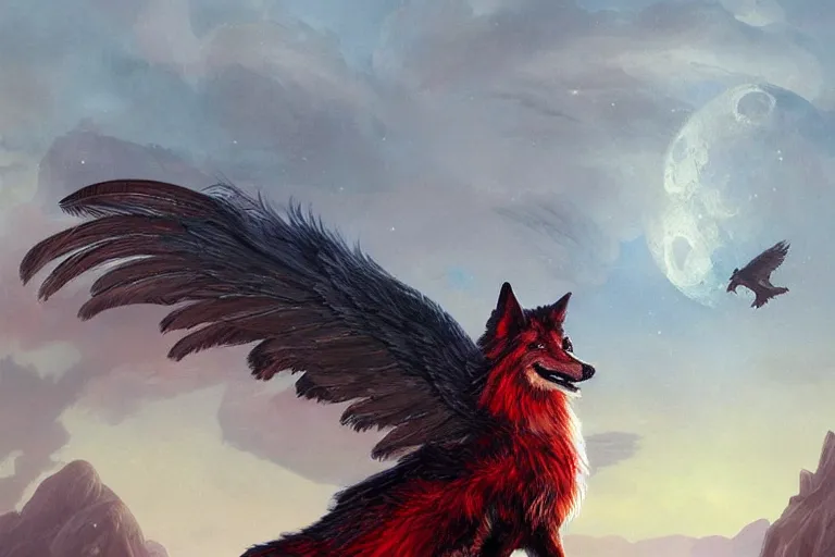 Prompt: Red feathered wolf with wings on a beautiful fantasy landscape, hills, mountains, moonlit, HD, illustration, epic, D&D, fantasy, intricate, elegant, highly detailed, digital painting, artstation, concept art, smooth, sharp focus, illustration, art by artgerm and greg rutkowski and alphonse mucha