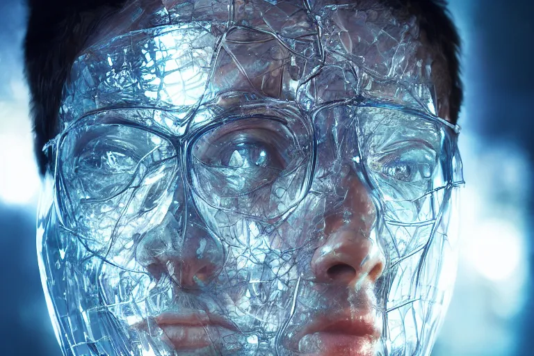 Prompt: human head enveloped in a glass crystal simulation, glinting highlights, intricate, cinematic, hyper realism, 8k, depth of field, bokeh, iridescent accents, artwork by Tooth Wu and wlop and greg rutkowski