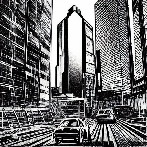 Prompt: “looking across the parking lot at an imposing skyscraper. Patrolling black mecha. Art In the style of Akira. Trending on r/evilbuildings and Artstation”