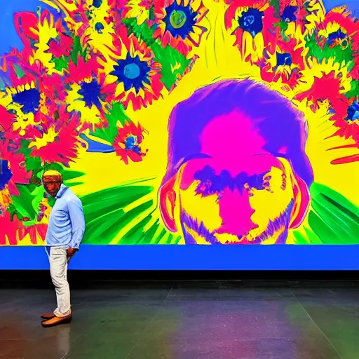 Prompt: a man standing in front of a giant painting, a pop art painting by peter max, behance contest winner, psychedelic art, psychedelic, poster art, made of flowers