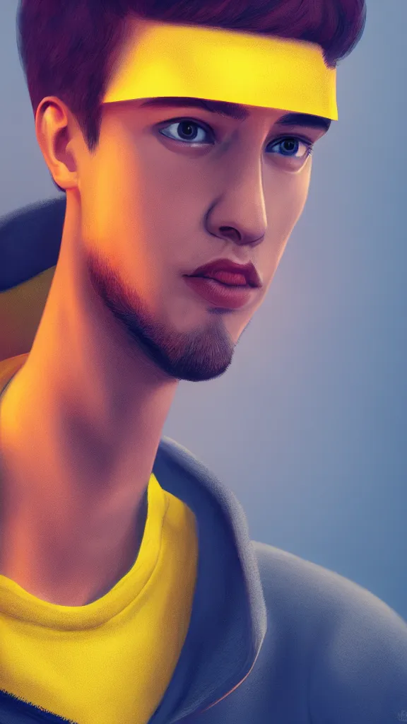 Image similar to close up portrait of young handsome it engineer in a yellow sweatshirt. cyberpunk, volumetric lighting, 4 k, hd, artstation, deviantart