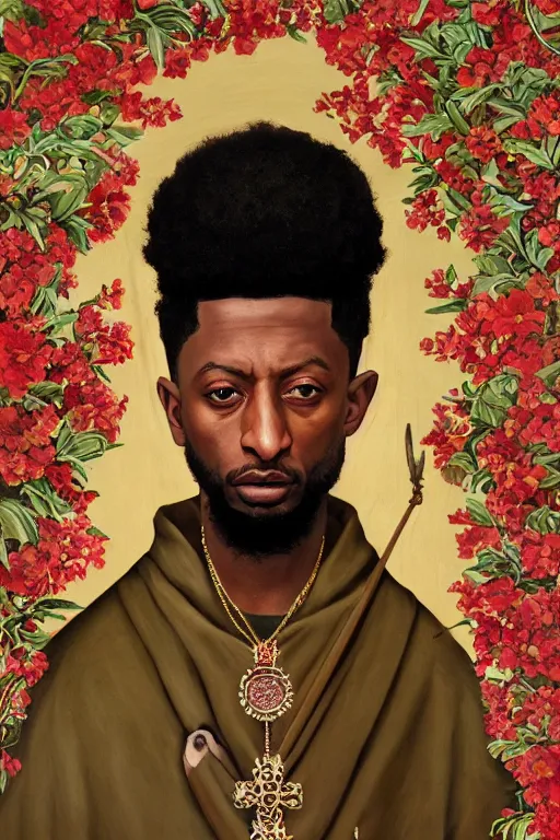 Image similar to breathtaking detailed concept art painting of 2 1 savage, orthodox saint, with anxious, piercing eyes, ornate background, amalgamation of leaves and flowers, by hsiao - ron cheng, extremely moody lighting, 8 k