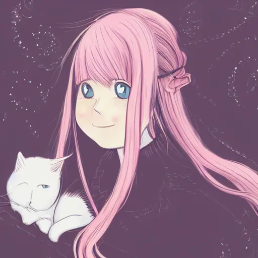 Image similar to a portrait of a young woman with very long pink hair undulating on the wind, light brown eyes, slightly chubby, pale skin, pretty, cute, holding a white cat. style manga with pastel colors. - h 6 4 0