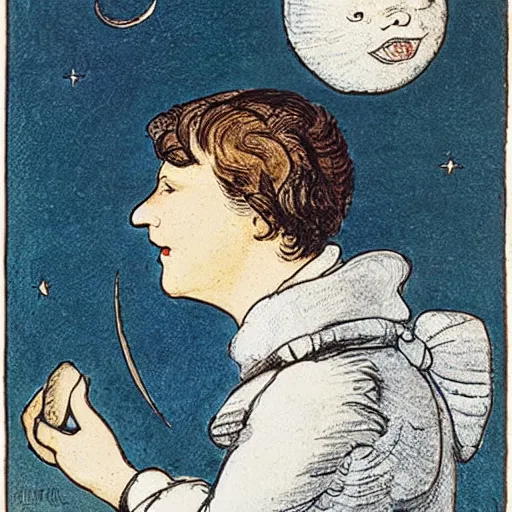 Image similar to dan morris celestial smiling moon talking portrait, side view, surrounded by clouds, illustrated by peggy fortnum and beatrix potter and sir john tenniel