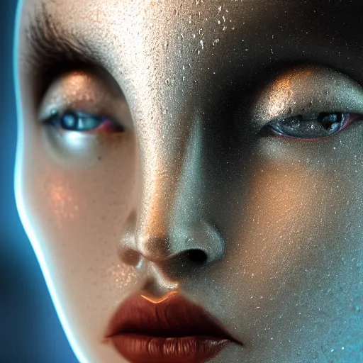 Prompt: closeup of sweating robot forehead with sweat on it, cyborg sweating, big drops of sweat, forehead only, by Hajime Sorayama, airbrush art, beautiful face, highly realistic, star flares, trending on artstation, beautiful lighting, sharp, details, hyper-detailed, HD, HDR, 4K, 8K