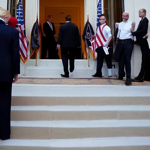 Image similar to Donald Trump entering meeting office of American Psycho, with a white card in his hand