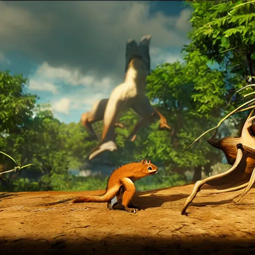 Image similar to screenshot of animal fighting game on ps 4, squirrel vs lizard, unreal engine,