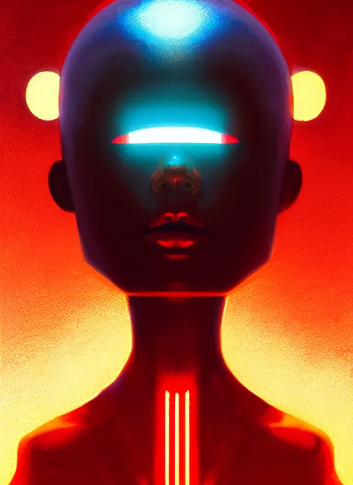 Image similar to symmetry!! portrait of a metallic being with a face with a glowing red light, complimentary colors, perfect lighting, perfect composition, aesthetic, masterpiece, award winning, artstation, darek zabrocki, greg rutkowski, artgerm, 4 k