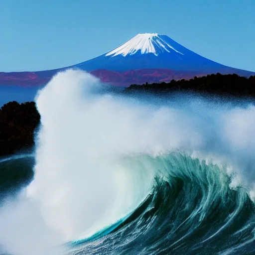 Image similar to Photo of a Giant Wave with mount fuji in the background, wave larger than mount fuji, mount fuji in the distance, highly detailed